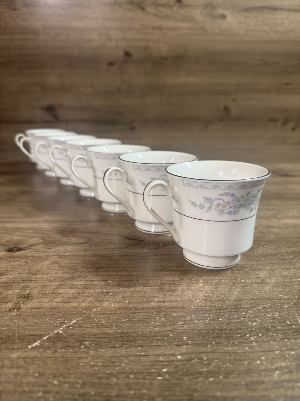 Somerset by Excel China Footed Tea Coffee Cups Floral Blue Ribbon Set of 7